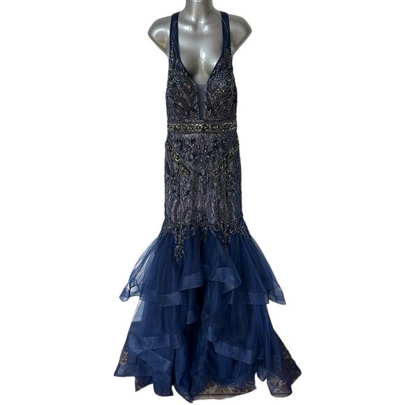 Jovani Formal Gown Navy Blue Beaded Sequins Long Dress Sleeveless Womens Size 10 - Picture 1 of 14